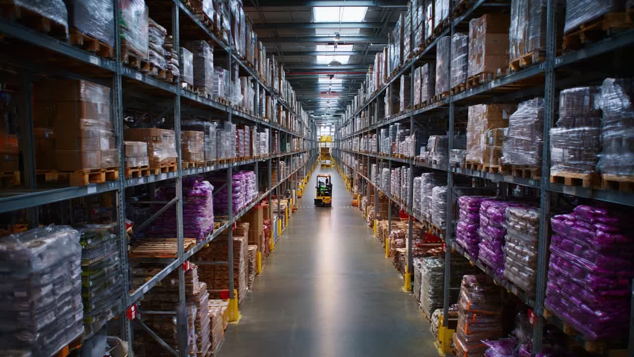 A Busy Warehouse Interior Featuring an Aisle of Stacked Pallets, Boxes, and Products where a Forklift is Transporting Goods Amidst Rows of Shelves Filled with Colorful Packaging and Supplies