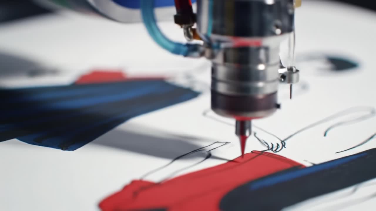 Intricate Process of Automated Drawing: A Close-Up on a Precision Art Machine Creating Detailed Illustrations with Vibrant Colors and Fine Lines