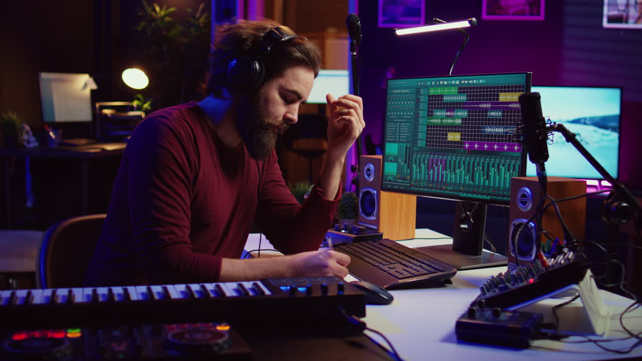 artista tomando notas componiendo una nueva canción en su estudio en casa