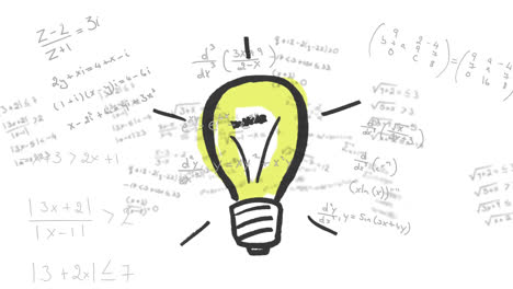 Animation of a light bulb drawing over black mathematical equations floating on white background