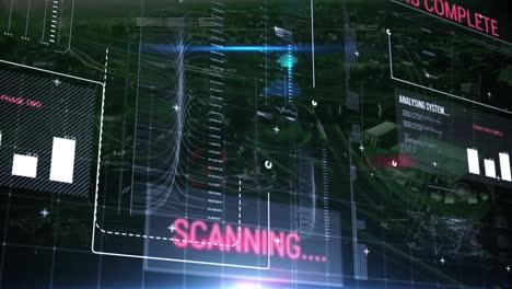 animación de estadísticas y procesamiento de datos y escaneo en pantalla sobre el paisaje urbano