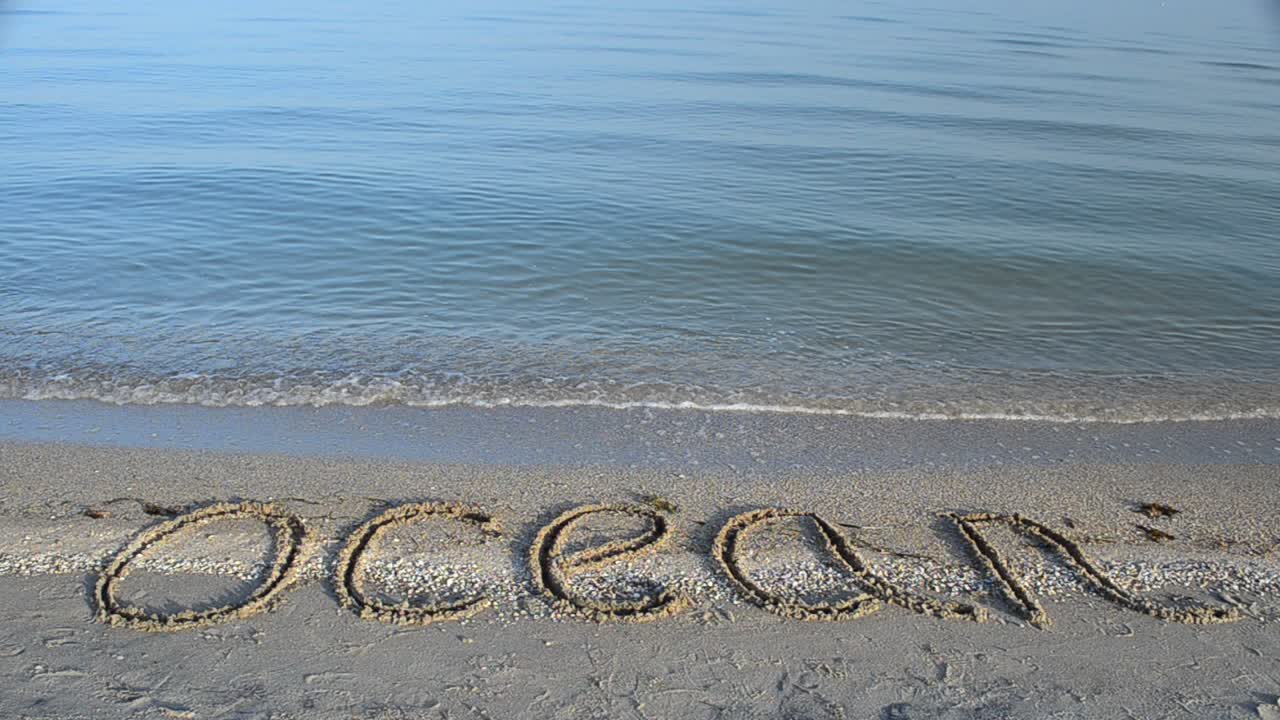 Inscription the ocean on sand, the beach. Inscription on sand, the beach