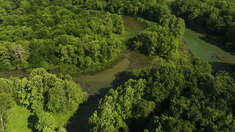 Flying-Above-Lush-Forests-And-River-In-AR,-USA---drone-shot