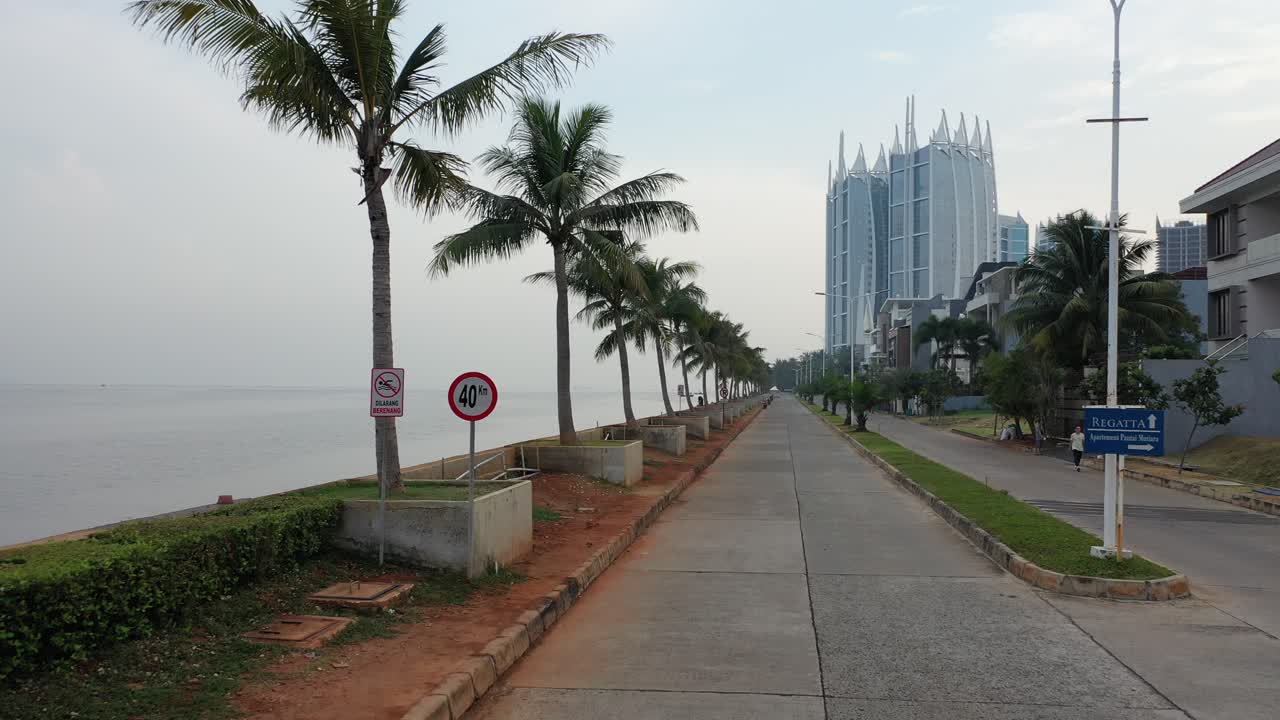 Coastal Road with Palm Trees and Modern Building