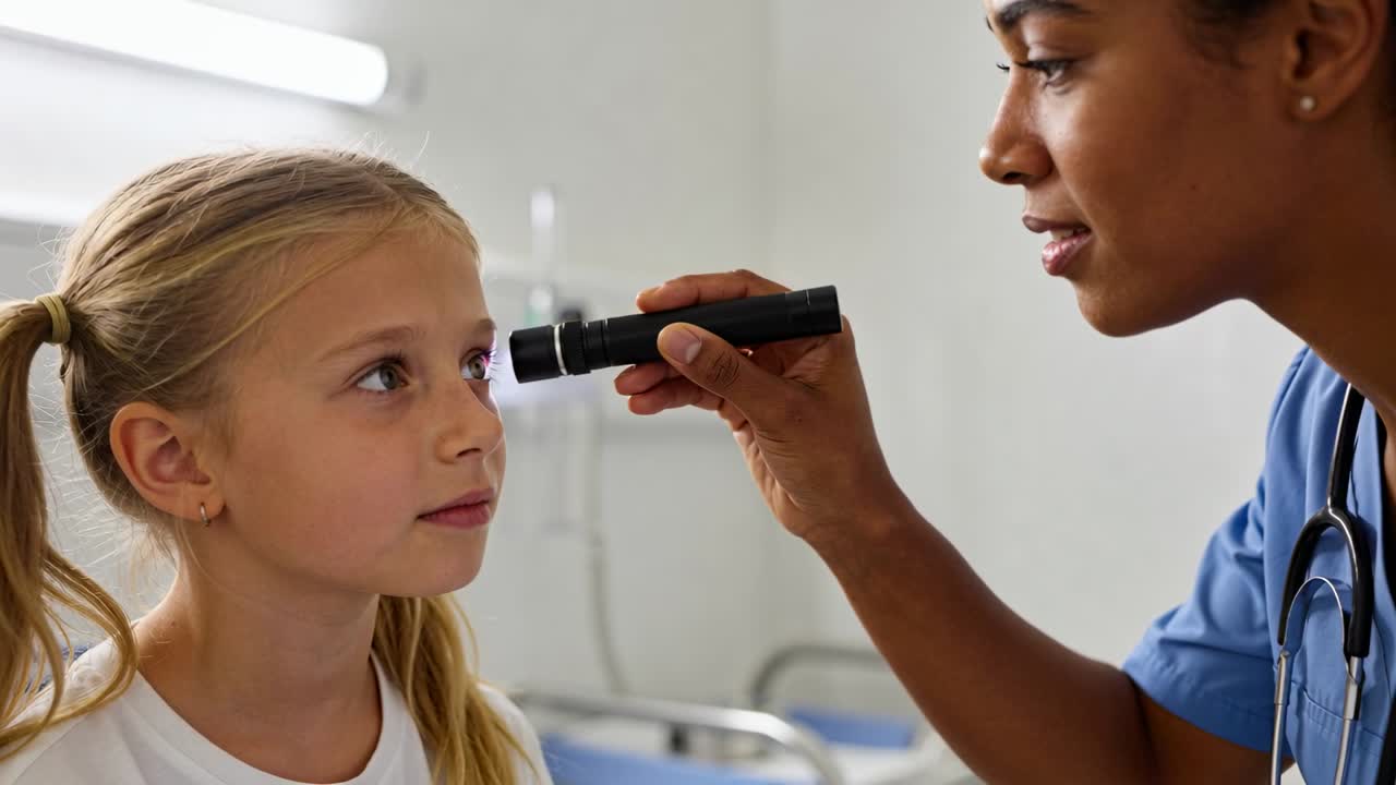 Infermiera in divisa che alza una penna luminosa, esaminando un bambino seduto in clinica per valutare la pupilla, con uno stetoscopio.