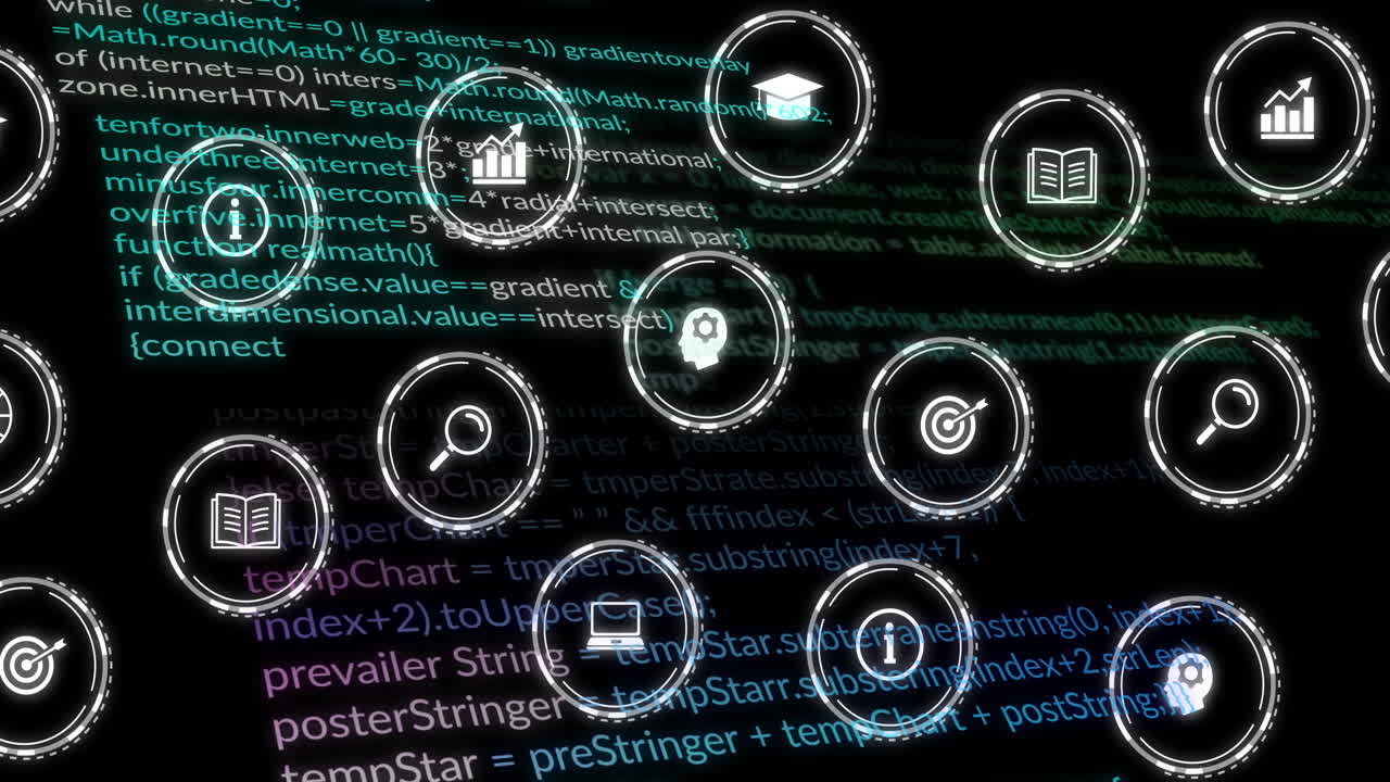 animación de iconos digitales y procesamiento de datos sobre fondo negro