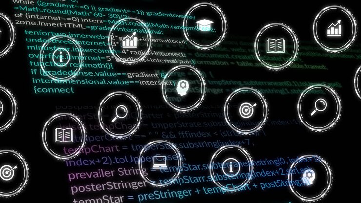 Animation of digital icons and data processing over black background