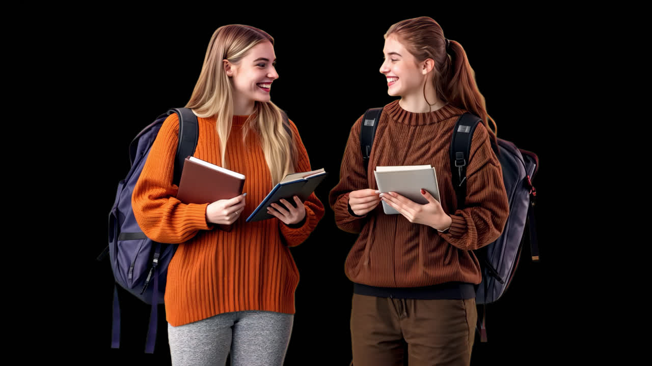Animace kráčejících mladých studentek izolované aktivum, transparentní videa 4K, alfa