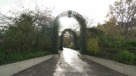 sun rays shines on the entrance to coulee verte rene-dumont park