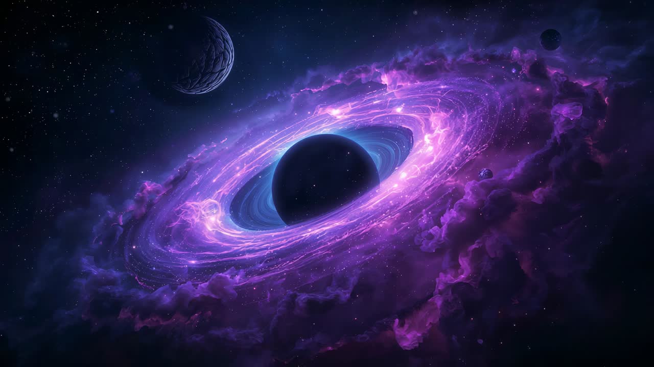 Spinning accretion disk around black hole in space, purple nebula, cratered planet in star field