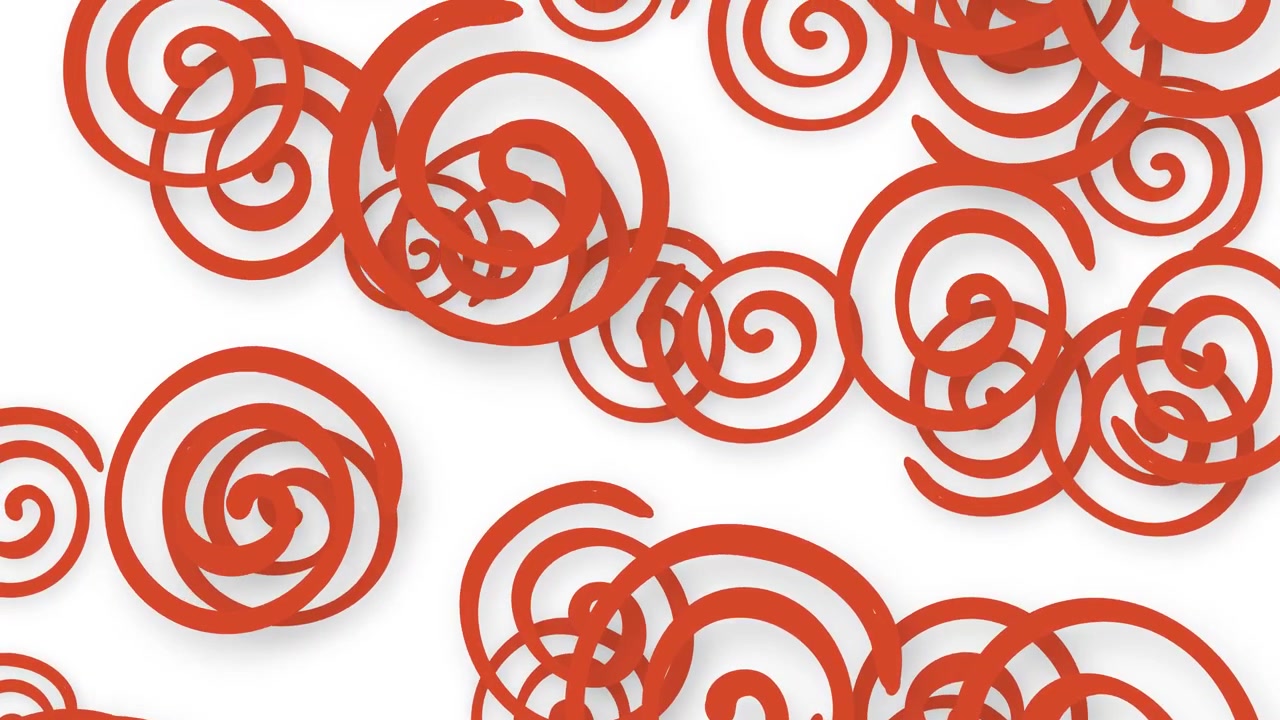 Playful red spiral objects fall vertically through the frame against a plain white background.