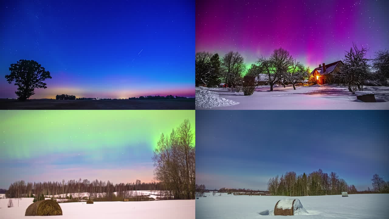 Four split screen winter countryside time lapses of the aurora borealis