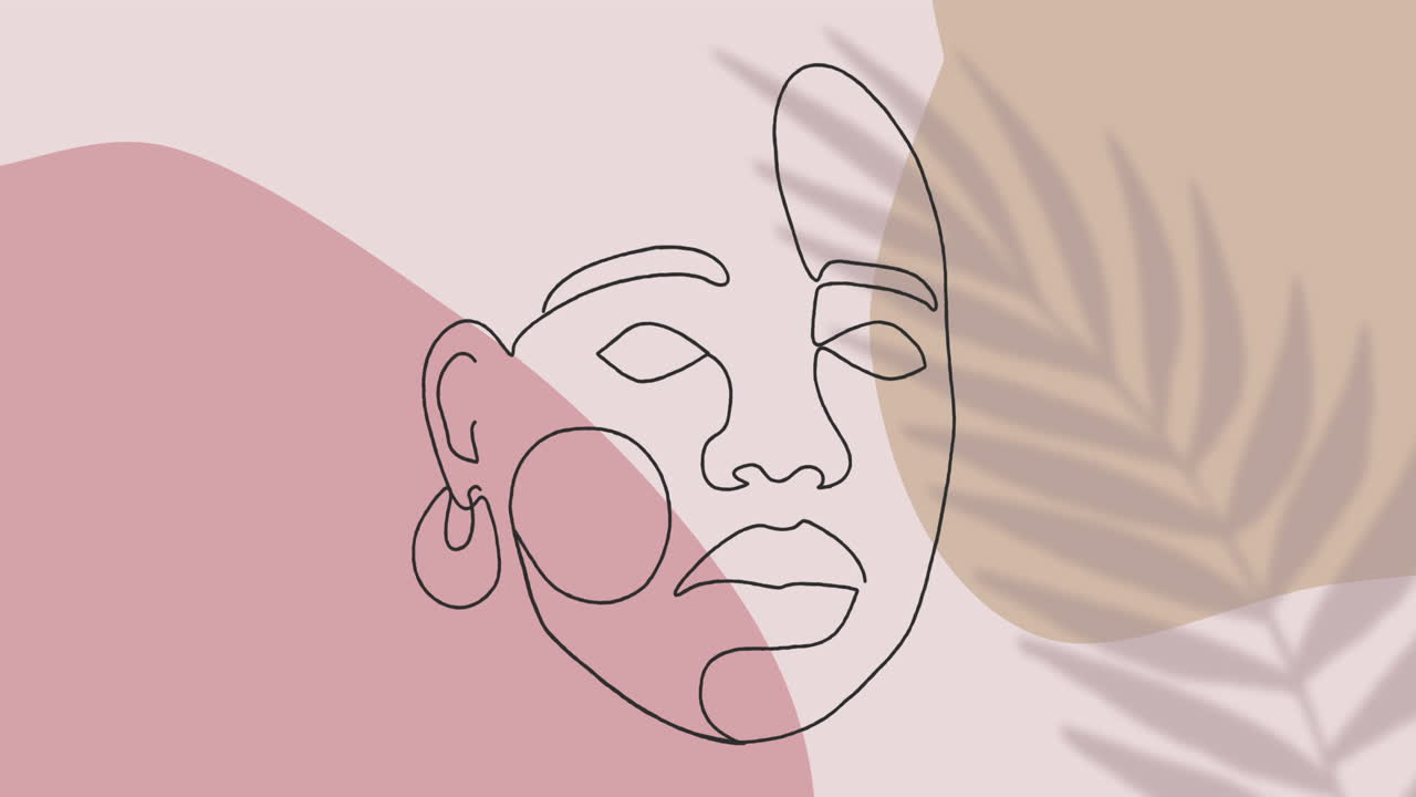 Animação de desenho de rosto com contorno preto contra folha em movimento em fundo rosa pastel.