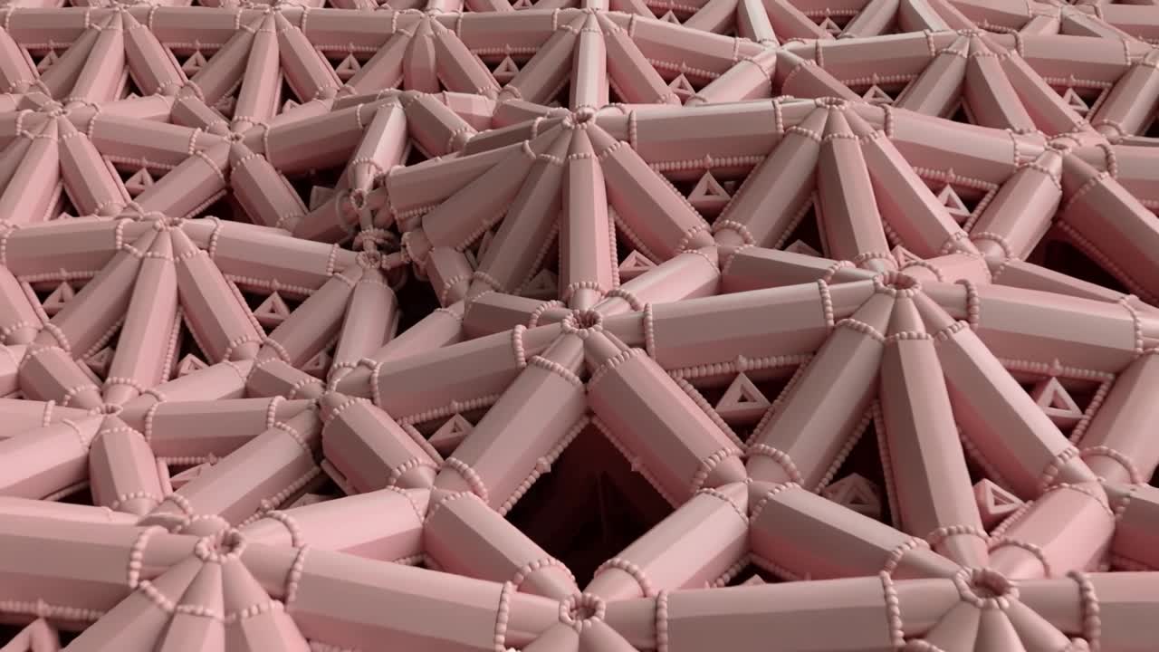 Camera pulling back, showing modular pink lattice growing with star nodes and beads for design