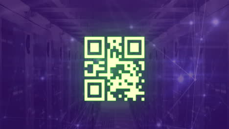 animation of neon qr code scanner and glowing network of connections against computer server room