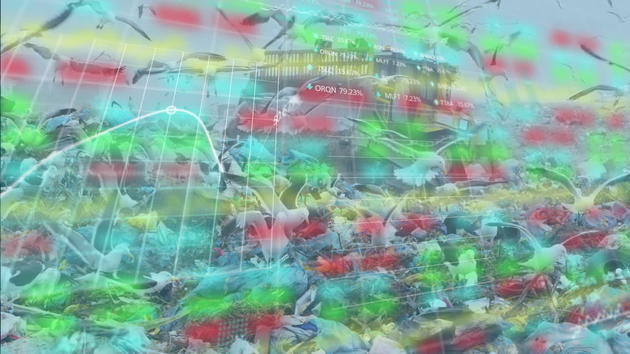 Animation of financial data processing over multiple seagulls flying