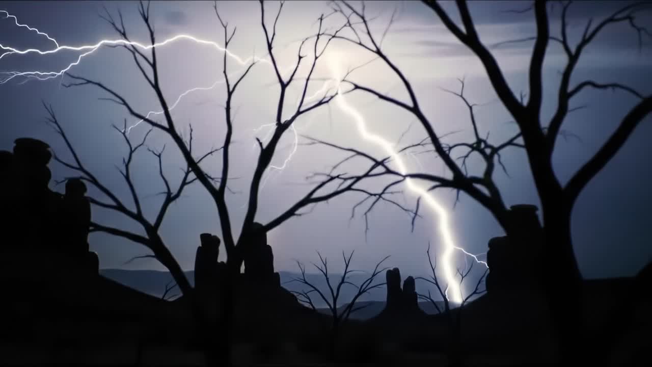 Intense storm brings dramatic lightning strikes, illuminating a dark sky over a barren landscape. Bare trees frame the electrifying display while thunder echoes in the distance.