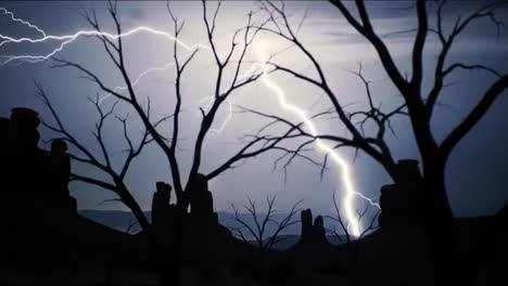 intense storm brings dramatic lightning strikes, illuminating a dark sky over a barren landscape. bare trees frame the electrifying display while thunder echoes in the distance.