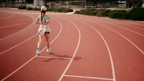 young female runner doing track training and listening to music