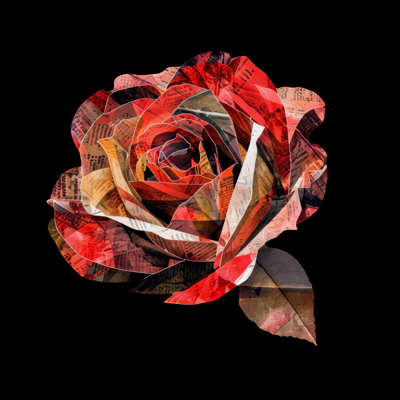 Artistic collage rose design animation isolated asset, transparent 4K video, alpha channel, ProRes