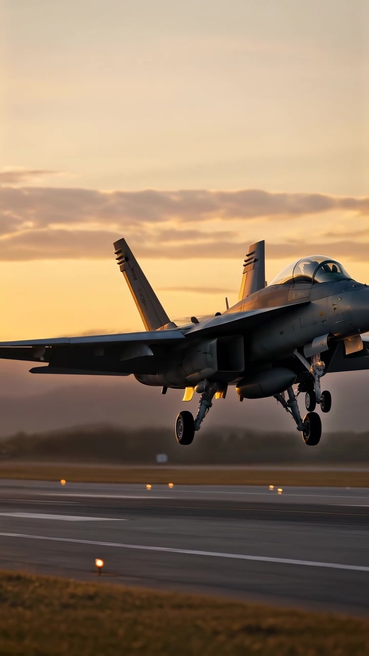 Twin-tail aircraft approaches low over runway, main wheels meet pavement and continue rolling as golden evening light outlines fuselage, landing gear, mountains, and runway markers.