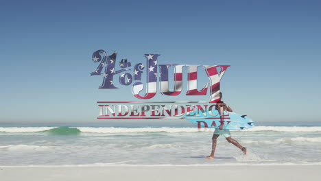 animation of 4th of july independence day text with american flag pattern over man with surfboard