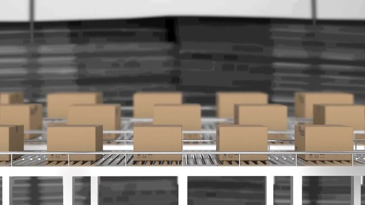 Animation of cardboard boxes moving on conveyor belts in warehouse