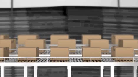 Animation-of-cardboard-boxes-moving-on-conveyor-belts-in-warehouse