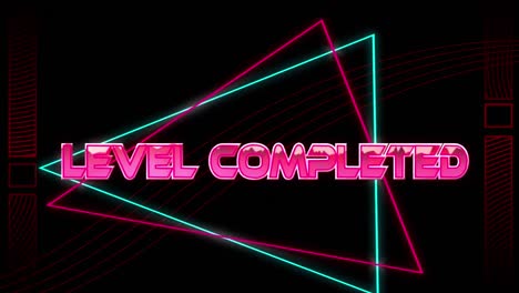 animation of level completed text over neon shapes on black background