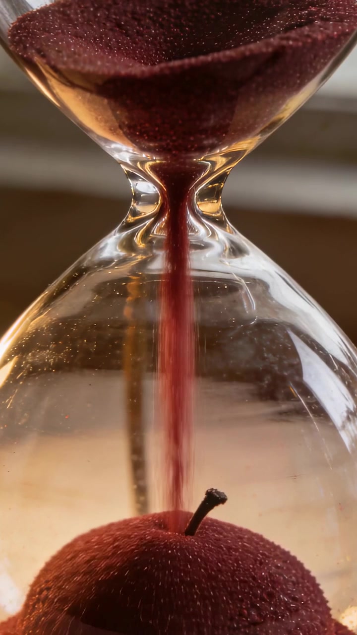 Vertical video: Falling red sand in hourglass through neck and covering small apple by window