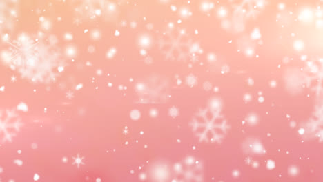 digital animation of snow falling against multiple snowflakes icons on pink background