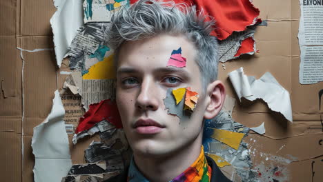 artistic portrait with mixed media and grey hair on cardboard
