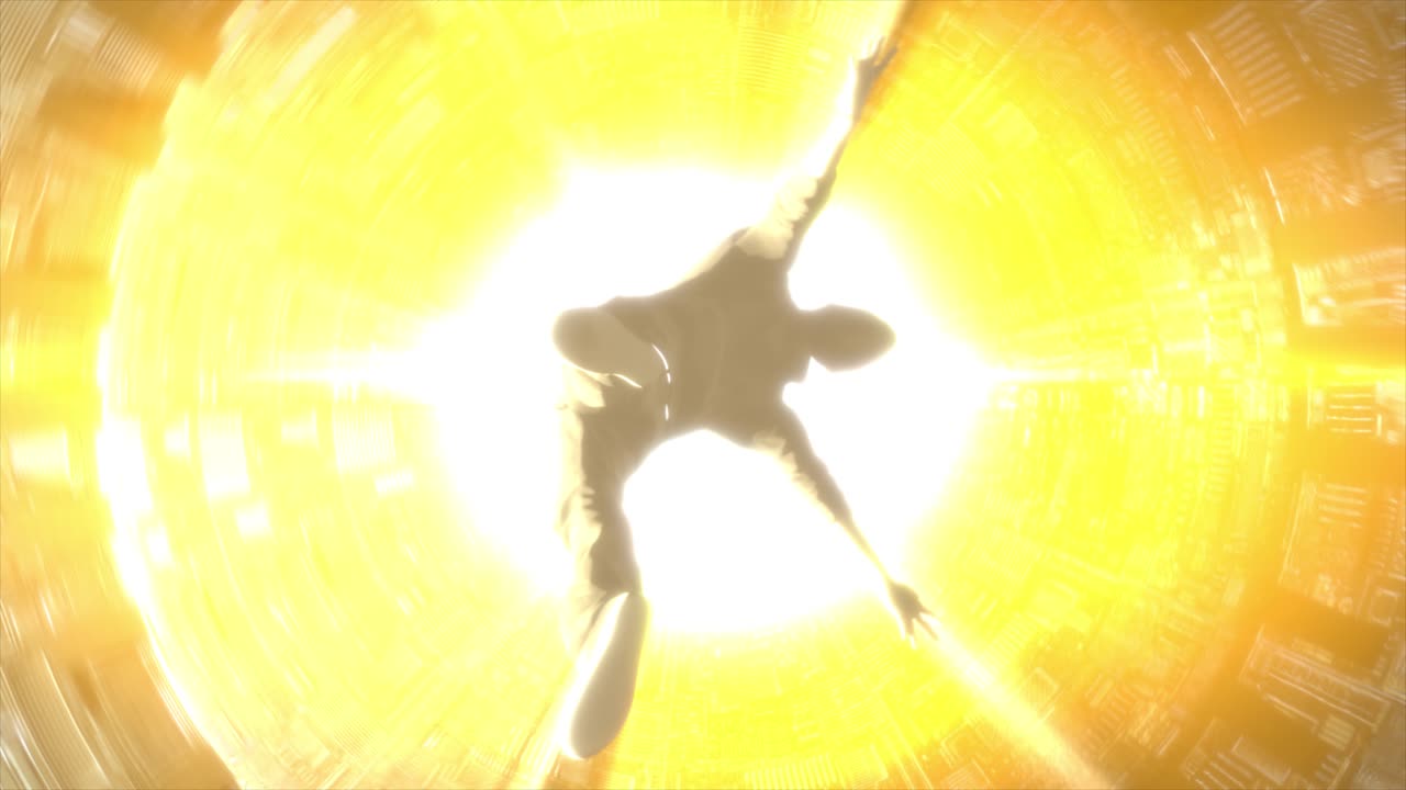 animación cgi realista de alta calidad de una abducción alienígena, mirando a un hombre inconsciente flotando en un rayo de luz dorado hacia un enorme platillo volador giratorio, nave espacial