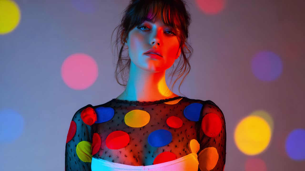 A Stunning Portrait of a Model in a Colorful Polka Dot Dress Posed Against a Dreamy Background Filled with Vibrant and Playful Bokeh Lights, Radiating Artistic Flair and Contemporary Style