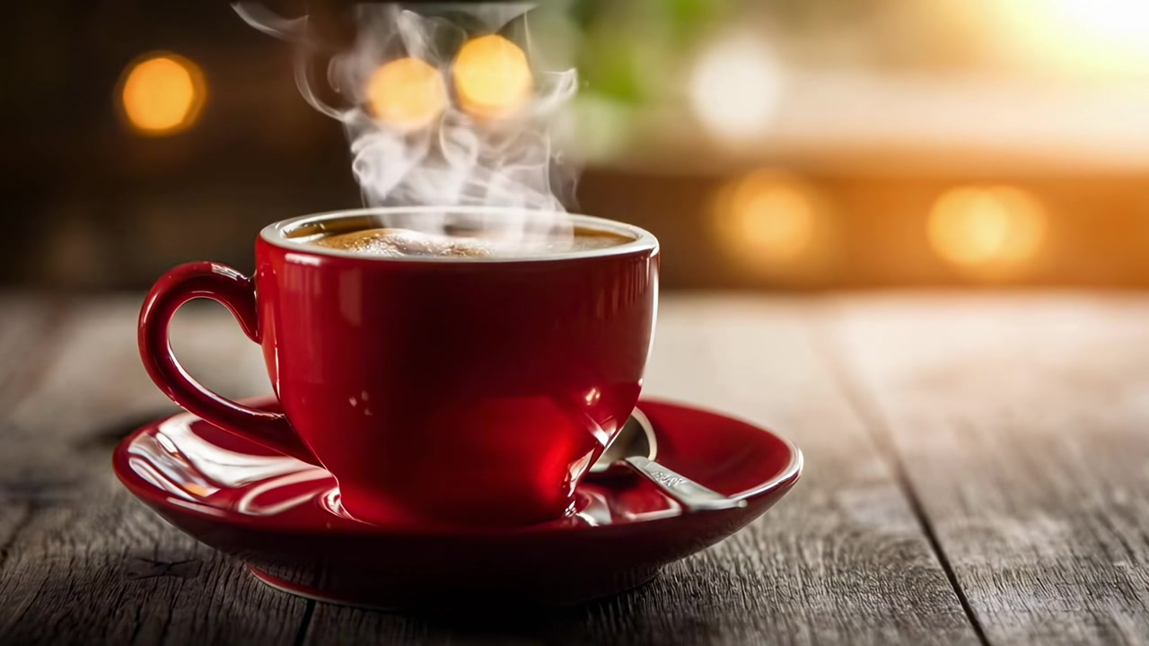 Taza de café roja humeante sobre una mesa de madera rústica
