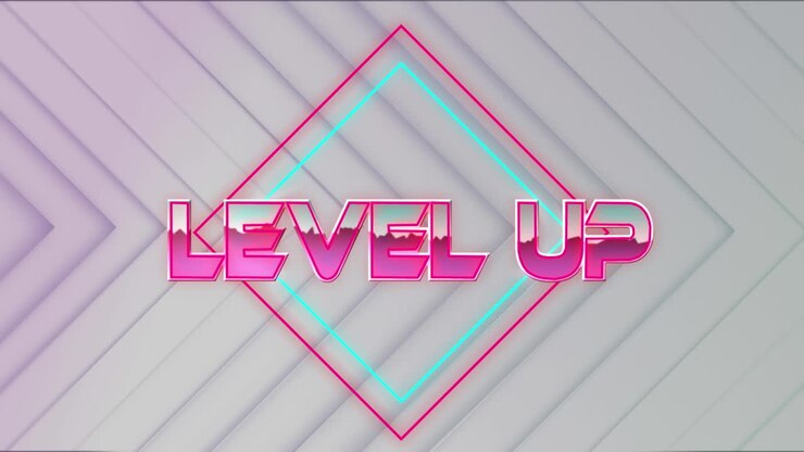 Animation of level up text over light trails on white background