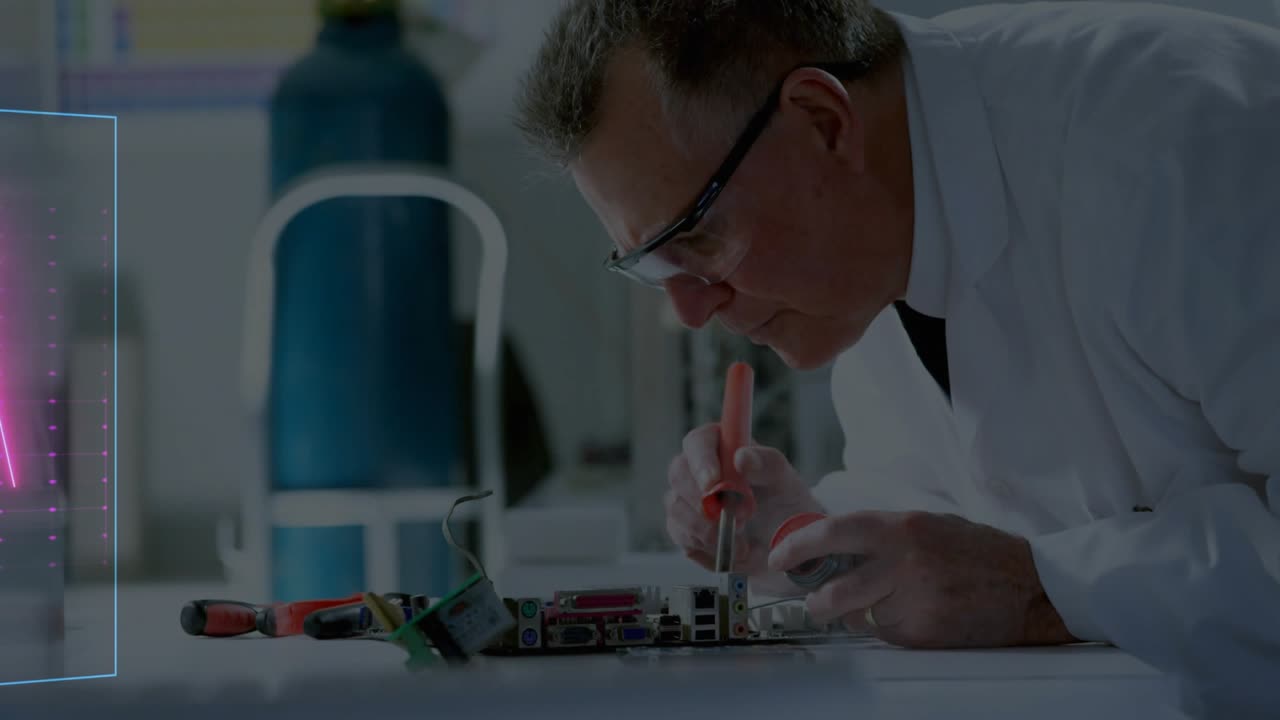 Engineer at bench holding soldering iron as pulsing waveform shifting color guiding board repair