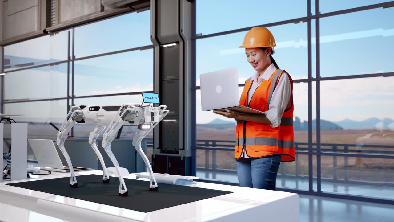 ingeniera interactuando con un perro robótico en un entorno de fábrica moderna