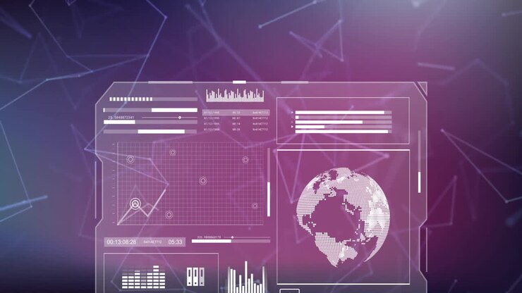 Animation of charts processing data on interface screens over networks on dark background