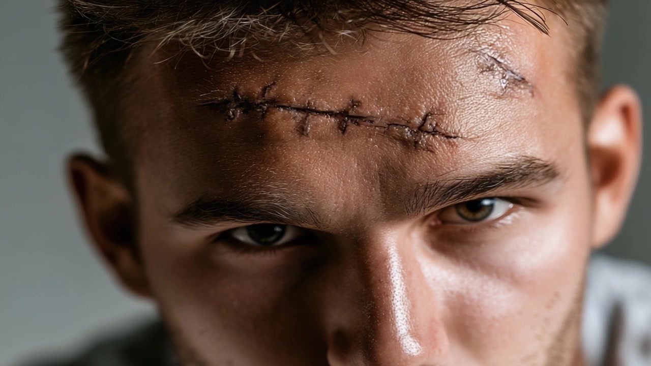 Un'esplorazione ravvicinata dello spirito resiliente di un giovane uomo, catturato attraverso una cicatrice facciale che racconta una storia di superamento delle avversità e di guarigione.