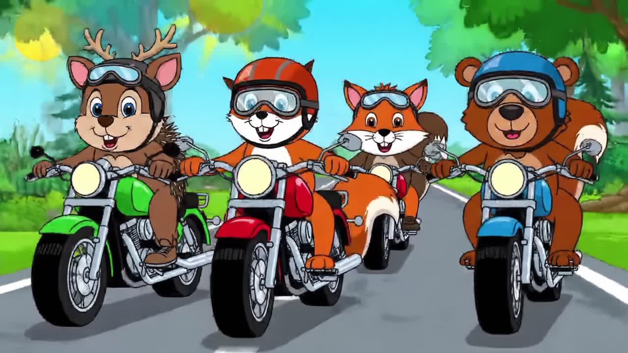 Animated Animals Riding Motorcycles Through a Sunny Landscape: A Fun Adventure with Friends on the Open Road