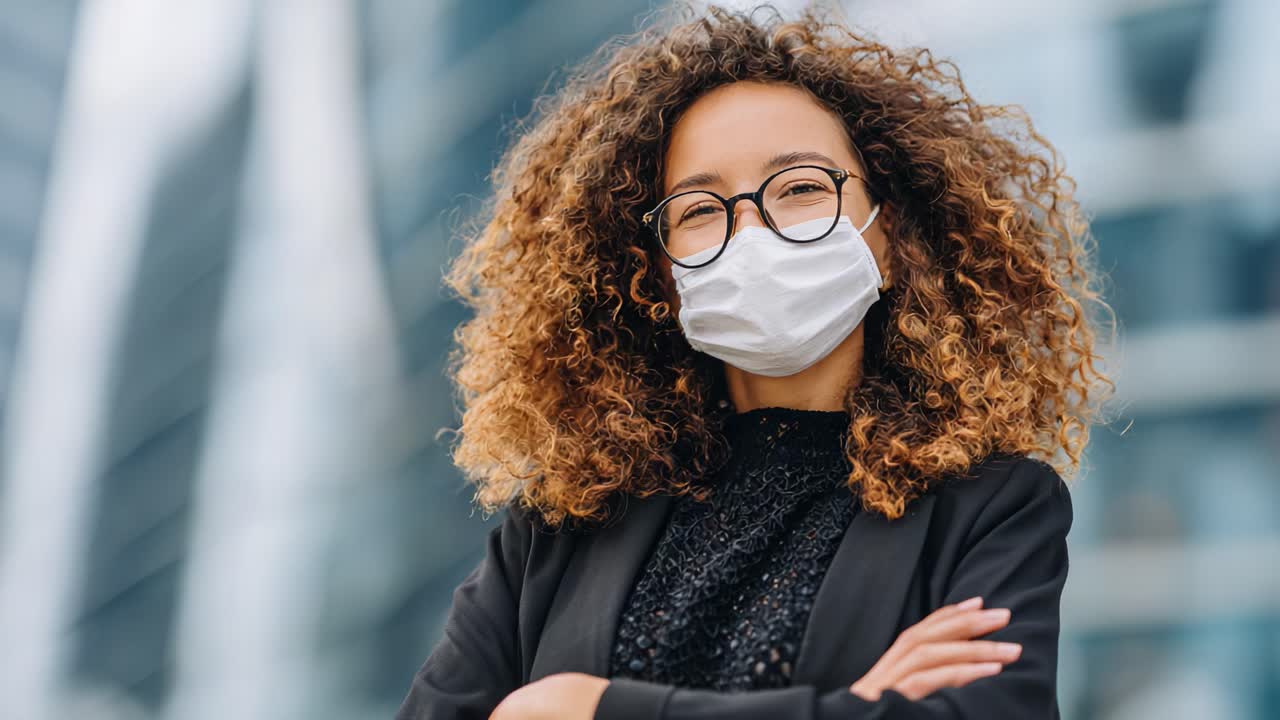 A Confident Woman with Curly Hair and Glasses Wearing a Face Mask Stands with Her Arms Crossed, Capturing a Moment of Resilience in a Modern Urban Setting