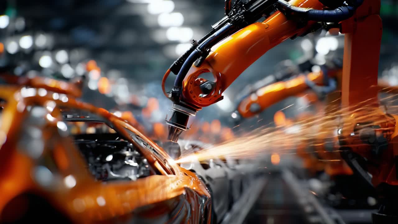 Advanced Robotic Automation in Action: Precision Manufacturing Process Showcased in a High-Tech Assembly Line with Sparkling Details and Dynamic Movements