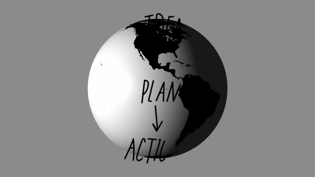 Animation von Idee, Plan und Aktionstexten über dem Globus