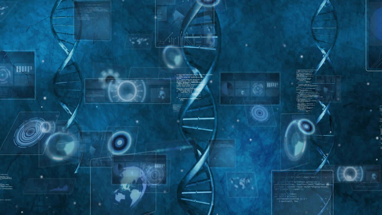 DNA strand with binary coding, processing scientific data in animation