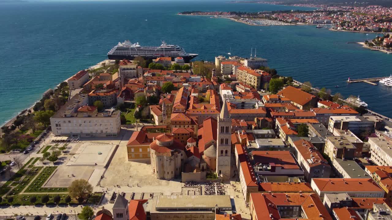 4K fast bird's eye perspective tracking shot over Zadar, Croatia