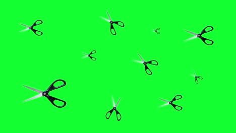 group of animated scissors elements, seamless loop on green screen chroma key