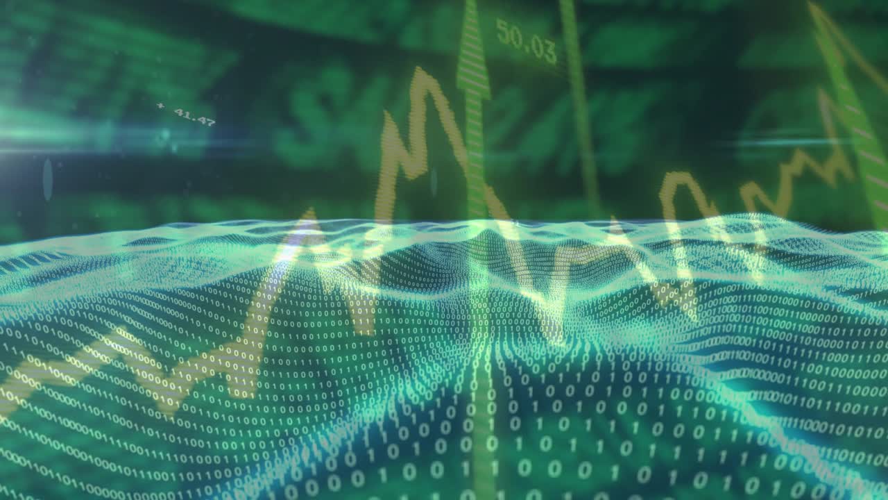 Data updating 3D mesh rolling orange chart varying ticks appearing streaks pulsing for market view
