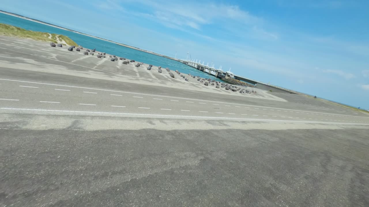 Aerial shot of an impressive delta works barrier in the lavish beauties of Zeeland,Holland