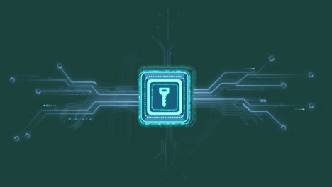 animación del icono de la llave con la placa de circuitos de la computadora en fondo verde
